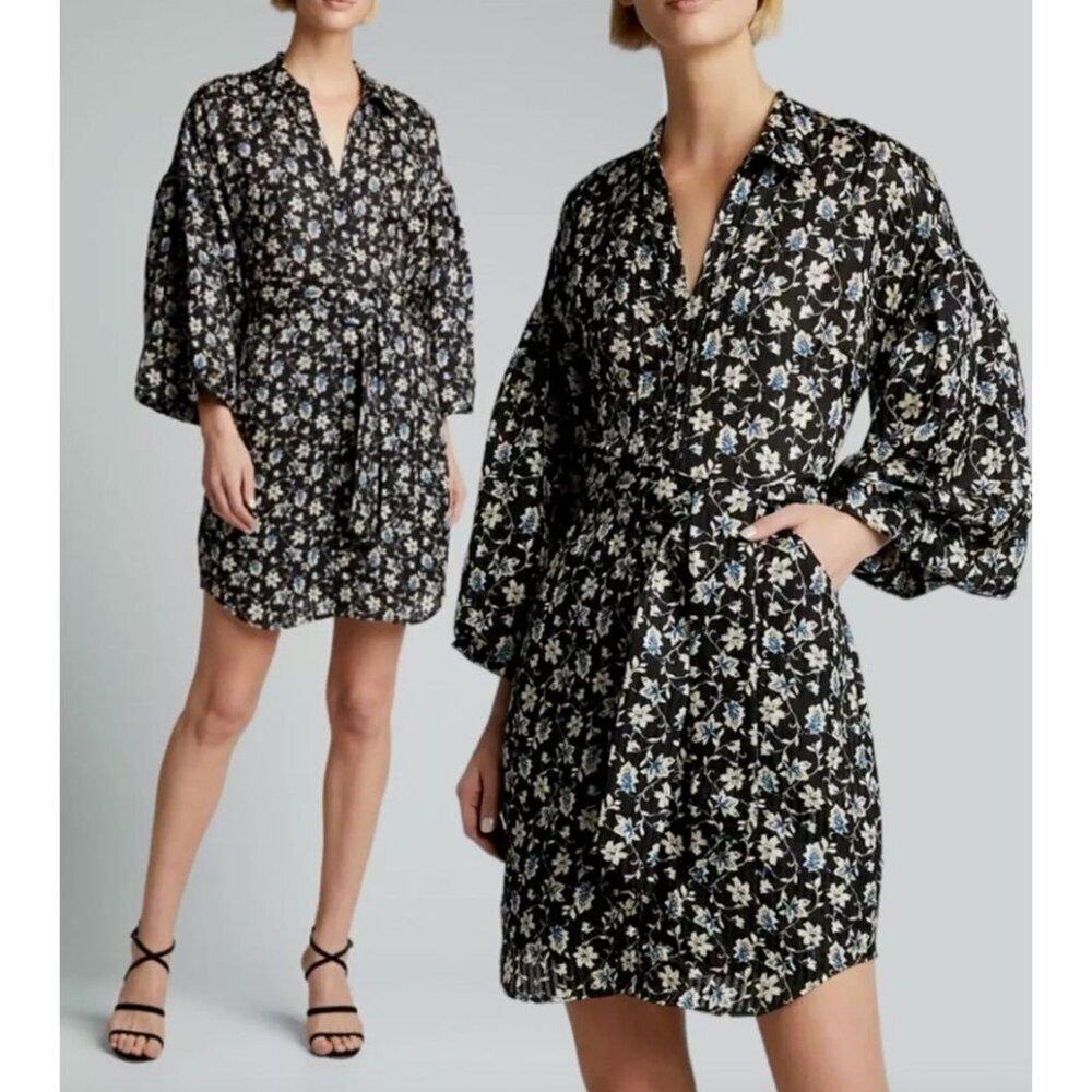 Veronica Beard Samy Floral Shirt Dress Black Multi $495 Linen Silk 00- No belt